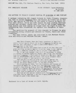 Petición de la Art Workers’ Coalition (AWC) y la Artists and Writers Protest (AWP) a Pablo Picasso para que retire <em>Guernica</em> del MoMA, Nueva York, 11 de marzo, 1970