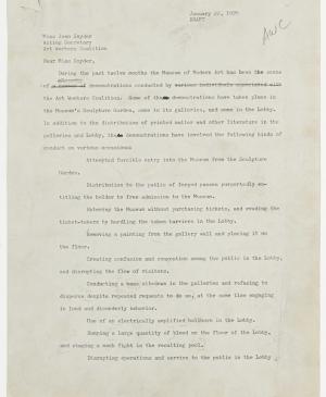 Carta del Comité de Operaciones del Museum of Modern Art de Nueva York a Joan Snyder, Nueva York, 22 de enero, 1970