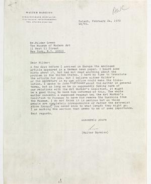 Carta de Walter Bareiss a Wilder Green, Nueva York, 24 de febrero, 1970
