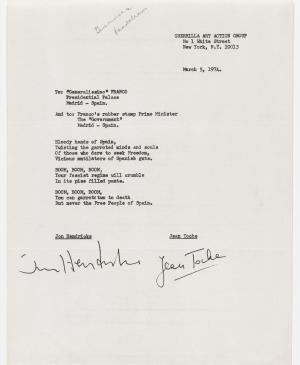 Carta-poema de Guerrilla Art Action Group dirigida a Franco