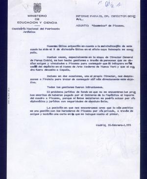 Informe de la Comisaria Nacional del Patrimonio Artístico sobre la documentación necesaria para recuperar Guernica