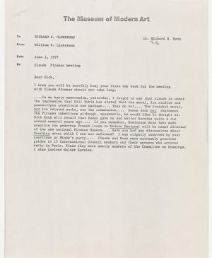 Carta de William S. Lieberman a Richard Oldenburg del 1 de junio de 1977
