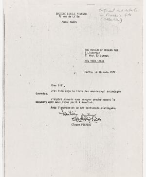 Carta de Claude Picasso a William S. Lieberman del 30 de junio de 1977