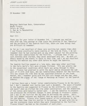 Carta de Josep Lluís Sert a Dominique Bozo