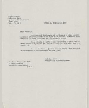 Carta de Dominique Bozo a Josep Lluís Sert del 23 de diciembre de 1980