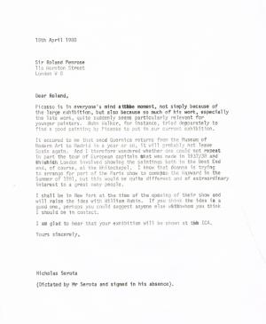 Carta de Nicholas Serota a Roland Penrose del 18 de abril de 1980