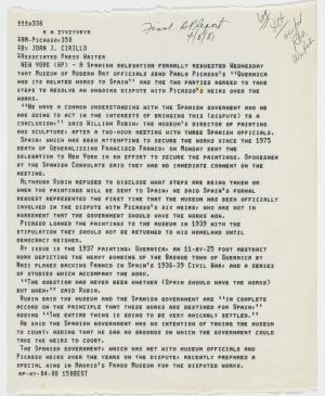 Comunicado de prensa del Museum of Modern Art de Nueva York sobre la petición del envío de Guernica a España de una delegación española