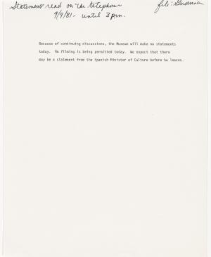 Nota de prensa del Museum of Modern Art de Nueva York acerca del día del traslado de Guernica