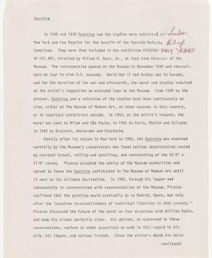 Borrador de comunicado de prensa explicando la partida e historia de Guernica
