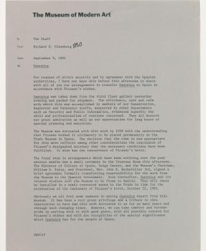 Comunicado interno de Richard Oldenburg, director del Museum of Modern Art de Nueva York, sobre la marcha de Guernica