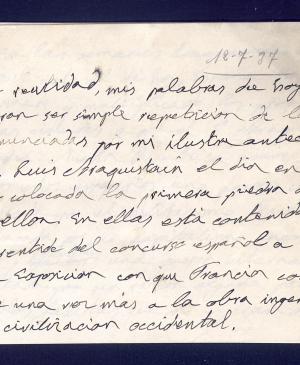 Notas del discurso de la recepción en la embajada con motivo de la inauguración del Pabellón de España