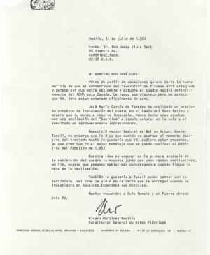 Carta de Álvaro Martínez Novillo a Josep Lluís Sert y respuesta