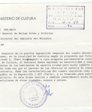 Carta del director general de Bellas Artes al Gabinete del ministro de Cultura