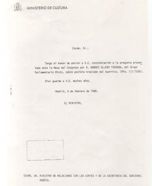 Respuesta del Ministerio de Cultura a las preguntas de Andrés Ollero en el Congreso de los Diputados