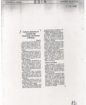 Cultura descarta el traslado del «Guernica» de Picasso a Bizkaia