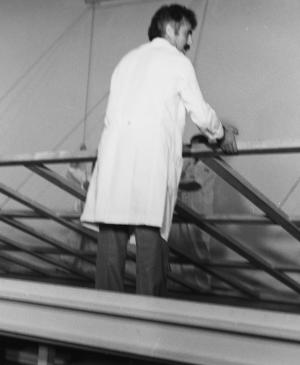 Operarios de SIT ponen el bastidor de madera sobre el lienzo de Guernica en el Casón del Buen Retiro