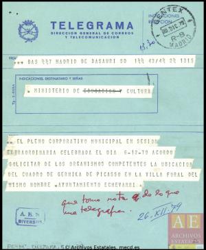 Telegrama del ayuntamiento de Etxebarri al Ministerio de Cultura