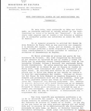 Nota confidencial del Ministerio de Cultura acerca de las negociaciones de Guernica