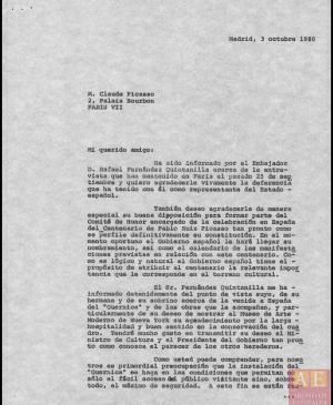 Carta de Javier Tusell a Claude Picasso