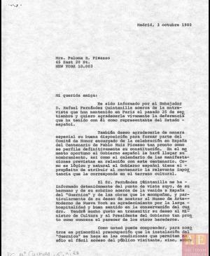 Carta de Javier Tusell a Paloma Picasso