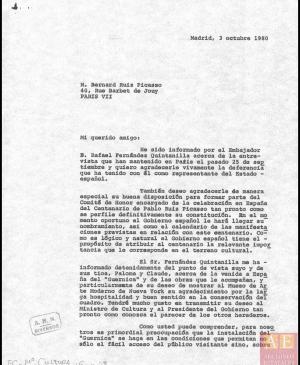 Carta de Javier Tusell a Bernard Ruiz-Picasso
