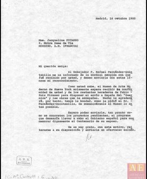 Carta de Javier Tusell a Jacqueline Picasso