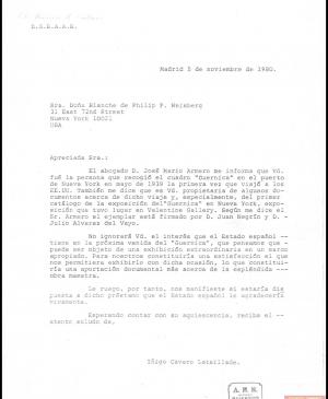 Carta de Íñigo Cavero a Blanche de Philip P. Weisberg (Blanche Mahler)
