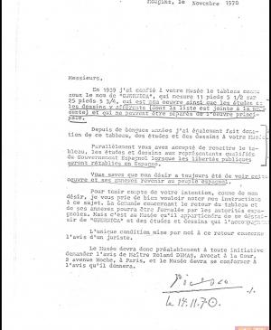 Carta de Pablo Picasso al Museum of Modern Art de Nueva York