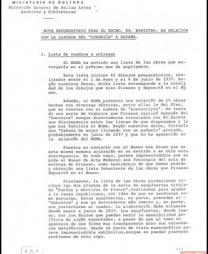 Nota recordatoria de la Dirección General de Bellas Artes, Archivos y Bibliotecas en relación a la llegada de Guernica a España