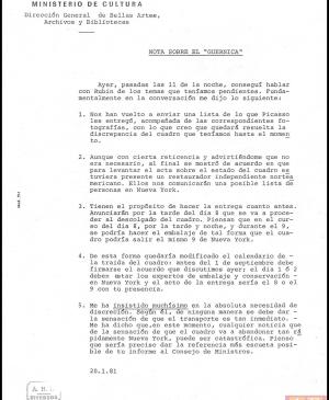 Nota de la Dirección General de Bellas Artes, Archivos y Bibliotecas sobre la conversación con William Rubin