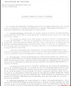 Informe de Javier Tusell, director general de Bellas Artes, sobre su viaje a Francia y la visita a los herederos de Pablo Picasso
