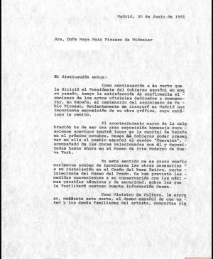 Cartas de Íñigo Cavero a los herederos de Pablo Picasso del 30 de junio de 1981