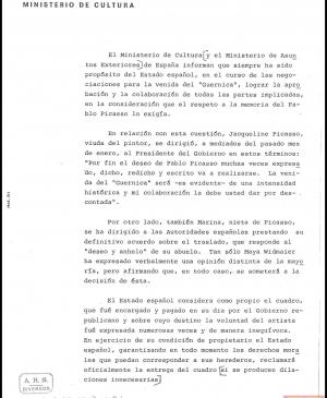 Comunicado del Ministerio de Cultura sobre el estado de las negociaciones con la familia Picasso para el traslado de Guernica a España