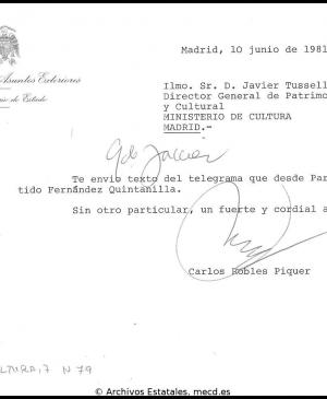 Nota de Carlos Robles Piquer a Javier Tusell