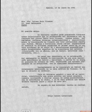 Cartas de Íñigo Cavero a los herederos de Pablo Picasso del 13 de junio de 1981
