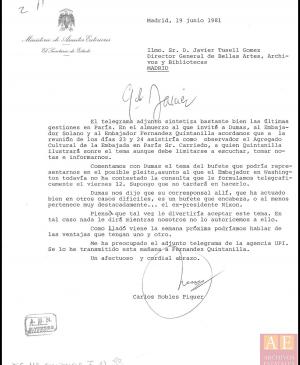 Carta de Carlos Robles Piquer a Javier Tusell del 19 de junio de 1981