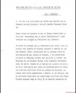 Nota sobre Guernica de José Mario Armero para el ministro de Cultura, Pío Cabanillas