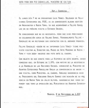 Nota de José Mario Armero para Pío Cabanillas del 8 de noviembre de 1977