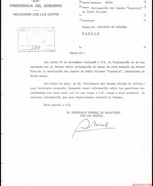 Letters from the secretary-general of Parliament Relations to Pío Cabanillas