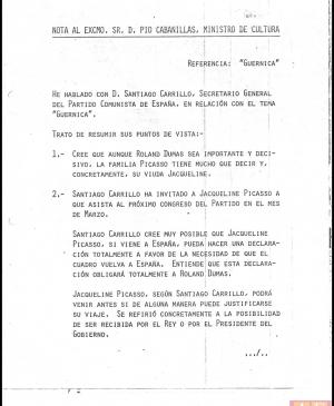 Nota de José Mario Armero para Pío Cabanillas del 29 de diciembre de 1977