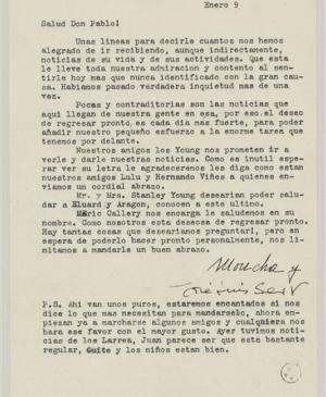 Carta de Josep Lluís Sert a Pablo Picasso de alrededor del 9 de enero de 1939