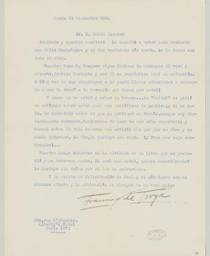 Carta de Francisco de Troya a Pablo Picasso del 23 de diciembre de 1939