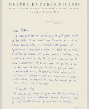 Carta de Claude Roy a Pablo Picasso de noviembre de 1953