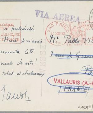 A postcard from Maurice Jardot to Pablo Picasso