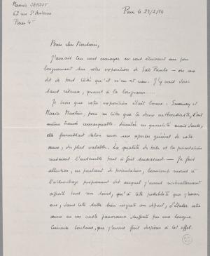 Carta de Maurice Jardot a Pablo Picasso del 23 de febrero de 1954