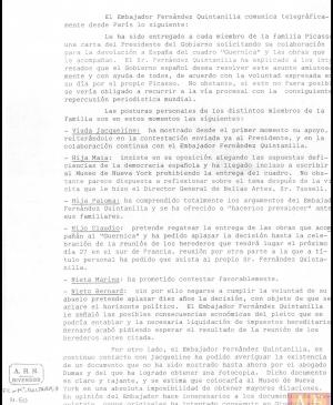 Comunicación de Rafael Fernández Quintanilla sobre la postura de los herederos de Pablo Picasso