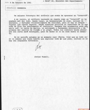 Carta de Javier Tusell a Íñigo Cavero del 4 de febrero de 1981
