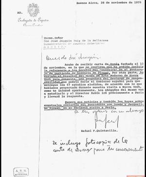 Carta de Rafael Fernández Quintanilla a José Joaquín Puig de la Bellacasa
