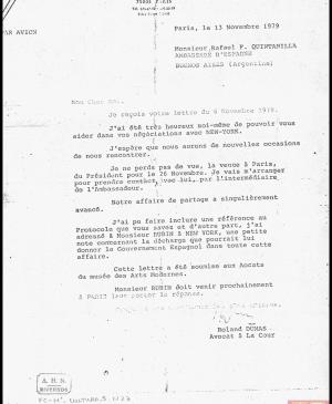 Carta de Roland Dumas a Rafael Fernández Quintanilla