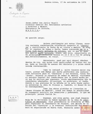 Carta de Rafael Fernández Quintanilla a Javier Tusell del 17 de septiembre de 1979